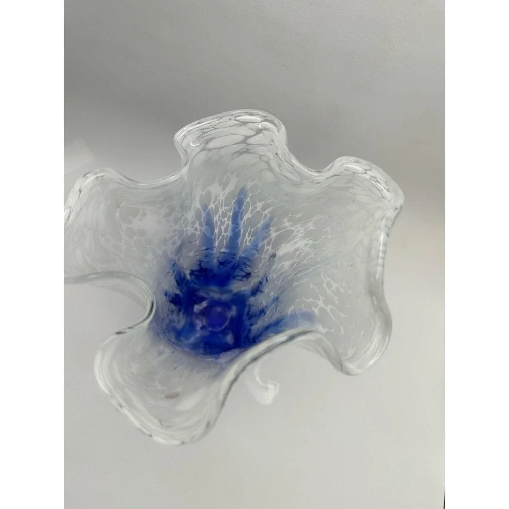 Hand Blown Art Glass Vase Blue White Spatter Ruffled Rim Studio Glass - Picture 10 of 10